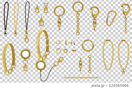 キーホルダーとストラップパーツセット／金具、リール、松葉紐、ナスカンのベクターイラスト素材集gold 128565066