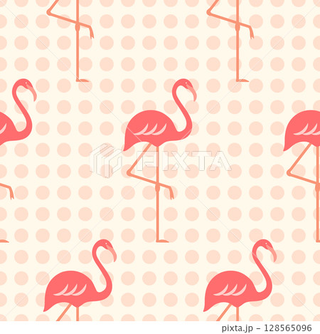 Flamingos vector seamless pattern. Tropical pink flamingo birds on light dotted background. Cute monochrome retro summer surface design. Exotic wildlife repeat tile for fabrics, wallpaper, fashion 128565096