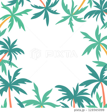 Palm trees vector frame. Tropical square border frame template with palms and copy space. Seasonal jungle island background for summer sale banner, party invitation, card, travel, tourism designs 128565099