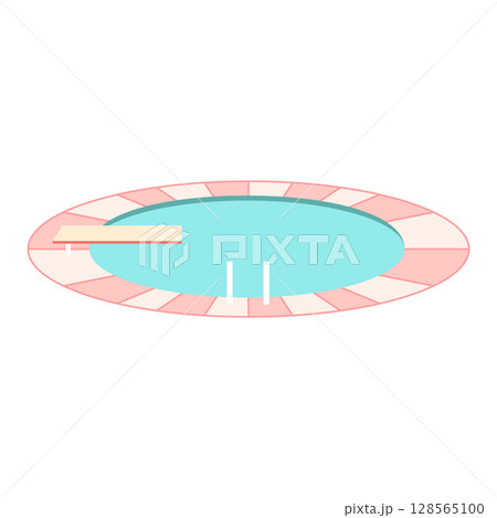 Round swimming pool vector illustration. Cute empty pool with diving board and ladder isolated on white background. Sport leisure activity for kids, summer poolside relaxation, hotel vacation design Round swimming pool vector illustration. Cute empty pool with diving board and ladder isolated on white background. Sport leisure activity for kids, summer poolside relaxation, hotel vacation design 128565100
