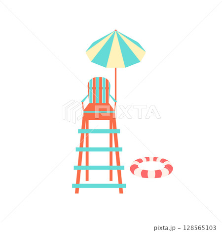 Lifeguard chair vector illustration. Colorful bright high beach life guard chair with striped parasol and swimming ring isolated on white background. Sea, pool swimming safety observation equipment Lifeguard chair vector illustration. Colorful bright high beach life guard chair with striped parasol and swimming ring isolated on white background. Sea, pool swimming safety observation equipment 128565103