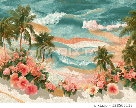 Serene Tropical Beachscape Palm Trees, Hibiscus, and Gentle Ocean Waves 128565115