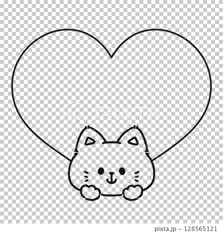 大きいハートとネコ　線画 128565121