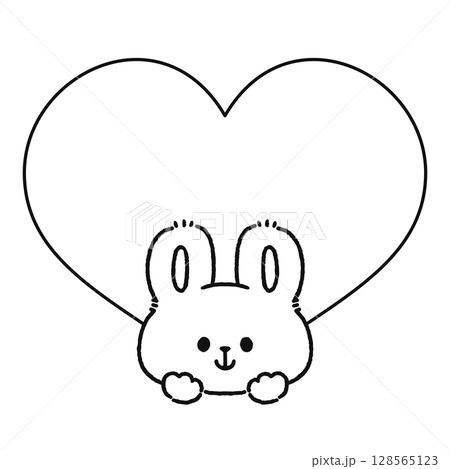 大きいハートとウサギ　線画 128565123
