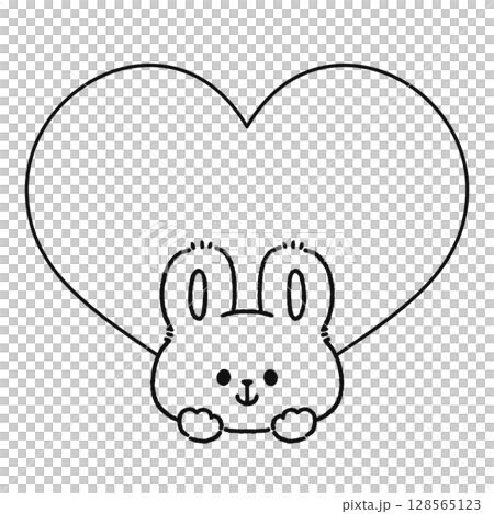 大きいハートとウサギ　線画 128565123