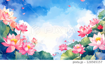 水彩で描いた蓮の花のフレームと空の背景素材 128565157