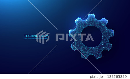 Abstract Technology Gear in Digital Low Poly Blue Wireframe Style. 128565229