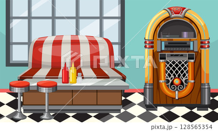 Retro Diner Scene with Jukebox and Booth Retro Diner Scene with Jukebox and Booth 128565354