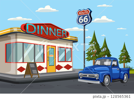 Retro Diner on Route 66 with Classic Truck 128565361
