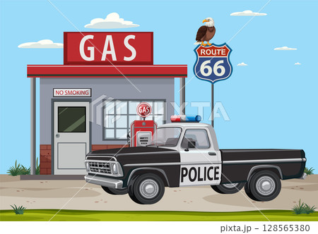 Retro Gas Station with Police Truck on Route 66 Retro Gas Station with Police Truck on Route 66 128565380