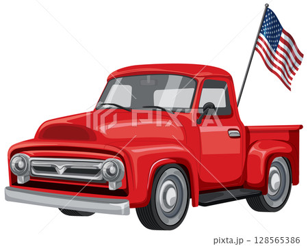 Classic Red Truck with American Flag Illustration 128565386