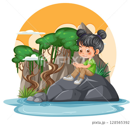 Happy Girl Fishing by the River Happy Girl Fishing by the River 128565392