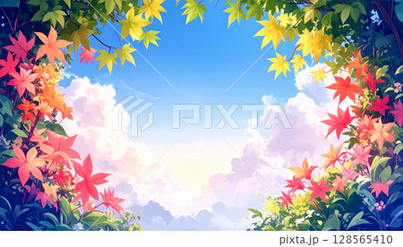 青もみじと紅葉のフレームと青空の風景素材 128565410