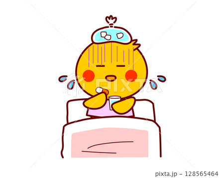熱を出して薬を飲むひよこ 熱を出して薬を飲むひよこ 128565464