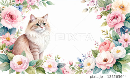 春の花と猫と薔薇のフレーム 128565644