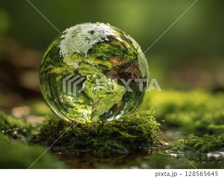 Clear glass sphere resting on water surface surrounded by green leaves and grass, with soft sunlight creating serene and natural atmosphere, emphasizing reflection and tranquility 128565645