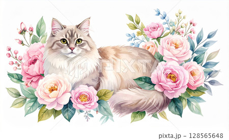 花の中で座る猫 128565648