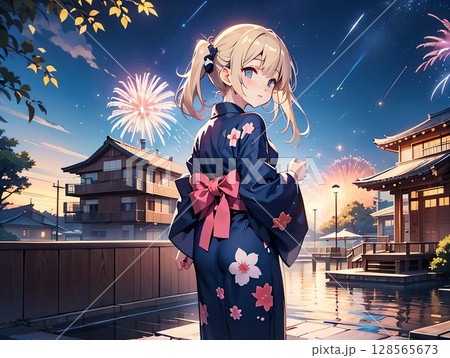 花火と浴衣姿の少女 128565673