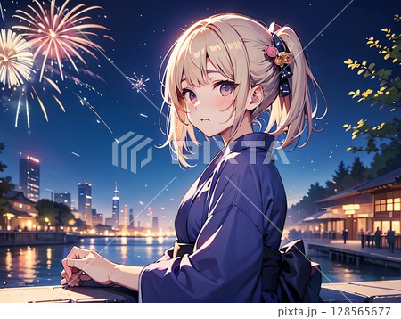 花火と浴衣姿の少女 128565677