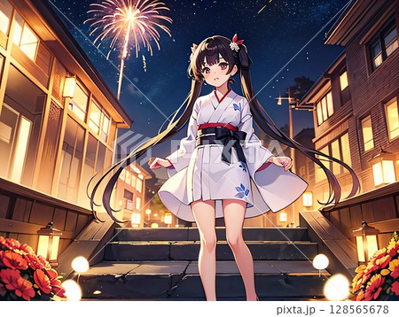 花火と浴衣姿の少女 128565678