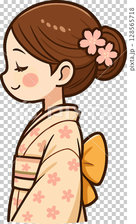 和服姿の女性の横からのイラスト 128565718