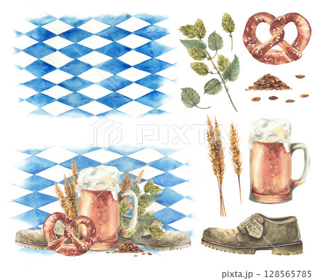 Mug of beer with hops and malt, Germany pretzel and shoe. Traditional Oktoberfest drink, snack on background of Bavarian flags blue rhombuses. Watercolor isolated clipart set make your own arrangement 128565785