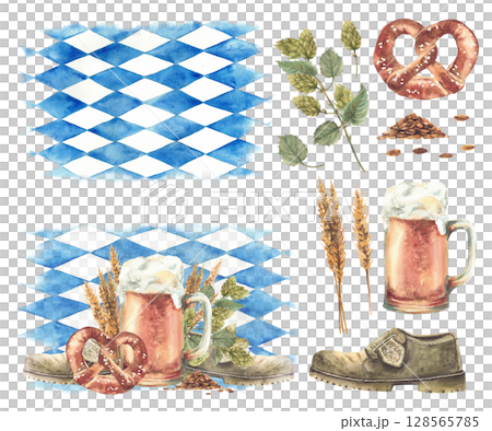 Mug of beer with hops and malt, Germany pretzel and shoe. Traditional Oktoberfest drink, snack on background of Bavarian flags blue rhombuses. Watercolor isolated clipart set make your own arrangement Mug of beer with hops and malt, Germany pretzel and shoe. Traditional Oktoberfest drink, snack on background of Bavarian flags blue rhombuses. Watercolor isolated clipart set make your own arrangement 128565785