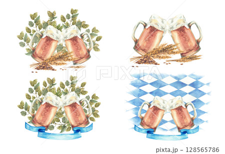 Beer mugs making cheers Oktoberfest clipart set. Spikes of malt and hop twigs, blue ribbon, rhombuses Bavarian flag background. Watercolor painted two glasses of beer toasting. Isolated illustration Beer mugs making cheers Oktoberfest clipart set. Spikes of malt and hop twigs, blue ribbon, rhombuses Bavarian flag background. Watercolor painted two glasses of beer toasting. Isolated illustration 128565786