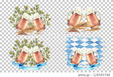 Beer mugs making cheers Oktoberfest clipart set. Spikes of malt and hop twigs, blue ribbon, rhombuses Bavarian flag background. Watercolor painted two glasses of beer toasting. Isolated illustration Beer mugs making cheers Oktoberfest clipart set. Spikes of malt and hop twigs, blue ribbon, rhombuses Bavarian flag background. Watercolor painted two glasses of beer toasting. Isolated illustration 128565786