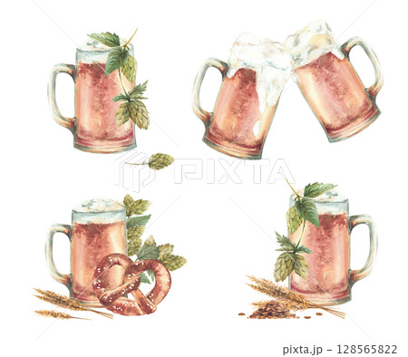 Pint of Beer set. Beer mugs making cheers, toasting with hops and malt brewing ingredients. Hand painted watercolor Natural foamy beverage clipart for drink menu, brewery label. Isolated illustration Pint of Beer set. Beer mugs making cheers, toasting with hops and malt brewing ingredients. Hand painted watercolor Natural foamy beverage clipart for drink menu, brewery label. Isolated illustration 128565822