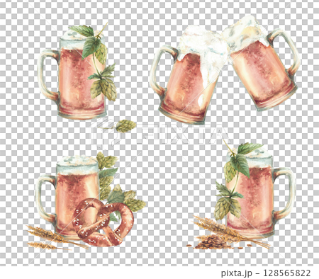 Pint of Beer set. Beer mugs making cheers, toasting with hops and malt brewing ingredients. Hand painted watercolor Natural foamy beverage clipart for drink menu, brewery label. Isolated illustration Pint of Beer set. Beer mugs making cheers, toasting with hops and malt brewing ingredients. Hand painted watercolor Natural foamy beverage clipart for drink menu, brewery label. Isolated illustration 128565822