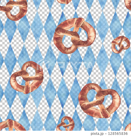 Pretzel on blue rhombus Bavarian flags background seamless pattern. Oktoberfest traditional baking food, bretzel design. Realistic watercolor painted isolated clipart for packaging, fabric, napkins. Pretzel on blue rhombus Bavarian flags background seamless pattern. Oktoberfest traditional baking food, bretzel design. Realistic watercolor painted isolated clipart for packaging, fabric, napkins. 128565836