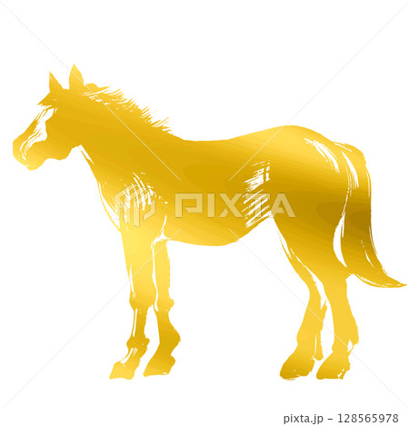 午年、年賀素材、墨・筆タッチ_横から見た馬のシルエットベクターイラスト_ゴールド 午年、年賀素材、墨・筆タッチ_横から見た馬のシルエットベクターイラスト_ゴールド 128565978