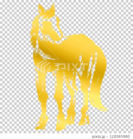 馬年，新年的材料，墨水和筆觸_馬剪影的正面圖向量插圖_金色 128565980