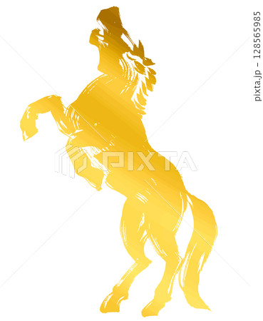 午年、年賀素材、墨・筆タッチ_いななく馬のシルエットベクターイラスト_ゴールド 午年、年賀素材、墨・筆タッチ_いななく馬のシルエットベクターイラスト_ゴールド 128565985