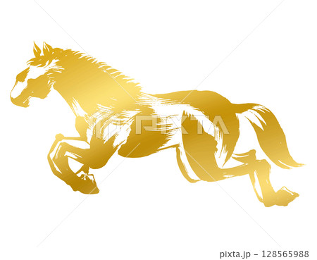 午年、年賀素材、墨・筆タッチ_跳ぶ馬のシルエットベクターイラスト_ゴールド 128565988