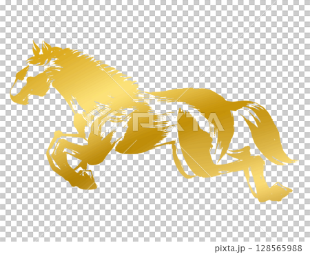 馬年新年素材、水墨和筆觸_躍馬剪影向量圖_金色 128565988