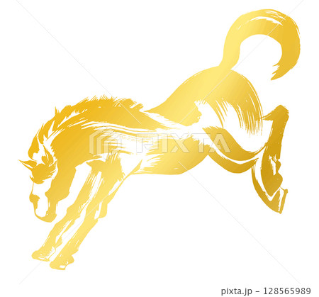 午年、年賀素材、墨・筆タッチ_着地する馬のシルエットベクターイラスト_ゴールド 128565989
