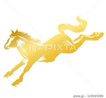 午年、年賀素材、墨・筆タッチ_着地する馬のシルエットベクターイラスト_ゴールド 午年、年賀素材、墨・筆タッチ_着地する馬のシルエットベクターイラスト_ゴールド 128565990