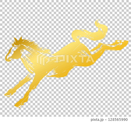 午年、年賀素材、墨・筆タッチ_着地する馬のシルエットベクターイラスト_ゴールド 午年、年賀素材、墨・筆タッチ_着地する馬のシルエットベクターイラスト_ゴールド 128565990