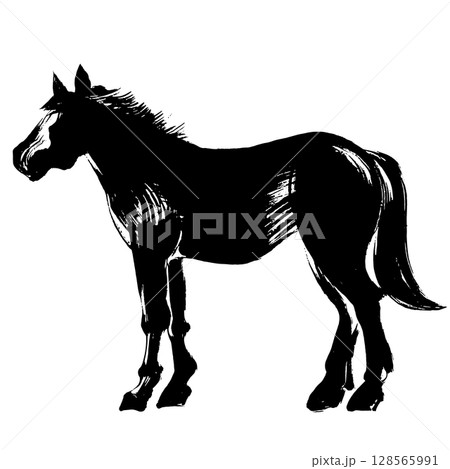 午年、年賀素材、墨・筆タッチ_横から見た馬のシルエットベクターイラスト 午年、年賀素材、墨・筆タッチ_横から見た馬のシルエットベクターイラスト 128565991
