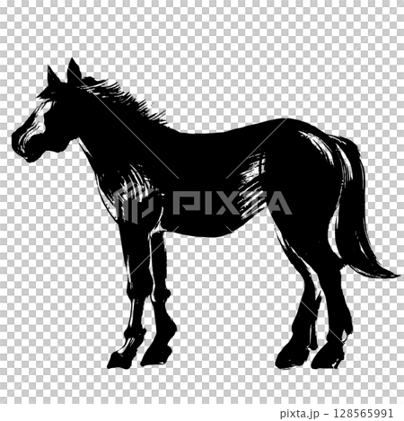 午年、年賀素材、墨・筆タッチ_横から見た馬のシルエットベクターイラスト 午年、年賀素材、墨・筆タッチ_横から見た馬のシルエットベクターイラスト 128565991