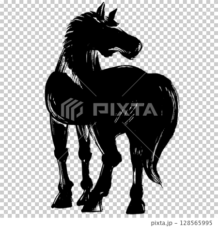 午年、年賀素材、墨・筆タッチ_振り向く馬のシルエットベクターイラスト 午年、年賀素材、墨・筆タッチ_振り向く馬のシルエットベクターイラスト 128565995