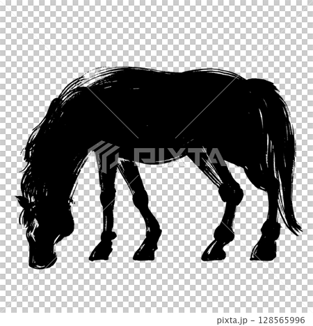 馬年，新年的材料，水墨和筆觸_吃草的馬剪影，向量插圖 128565996