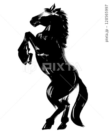 午年、年賀素材、墨・筆タッチ_立ち上がる馬のシルエットベクターイラスト 128565997