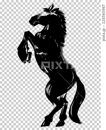 午年、年賀素材、墨・筆タッチ_立ち上がる馬のシルエットベクターイラスト 128565997