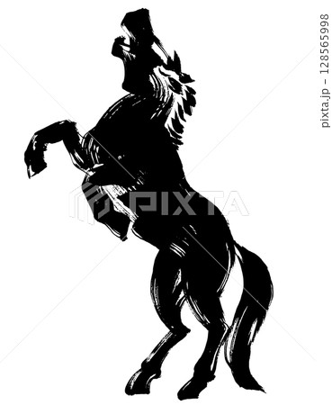 午年、年賀素材、墨・筆タッチ_いななく馬のシルエットベクター