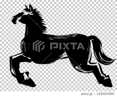馬年，新年的材料，墨水和筆觸_奔跑的馬剪影向量插圖 128565999