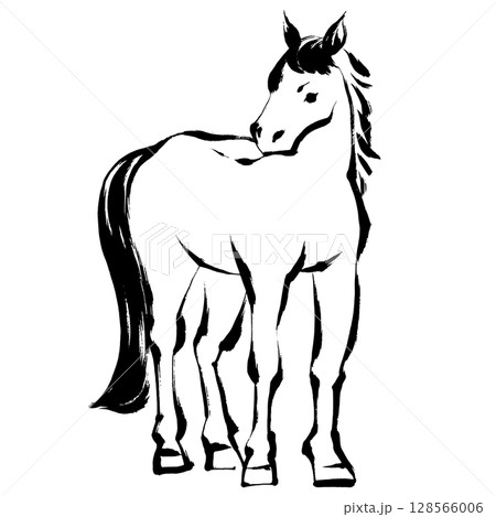 午年、年賀素材、墨・筆タッチ_正面から見た馬のベクターイラスト 午年、年賀素材、墨・筆タッチ_正面から見た馬のベクターイラスト 128566006