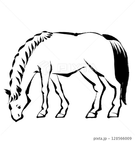 午年、年賀素材、墨・筆タッチ_草を食べる馬のベクターイラスト 128566009